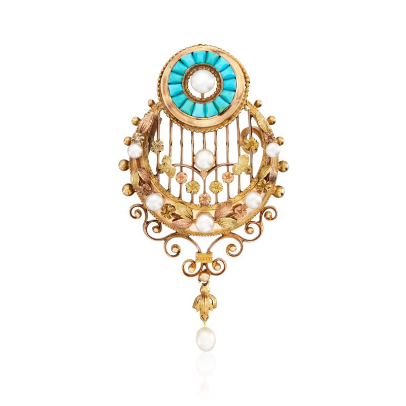 C. 1960 Vintage Turquoise and 3-5mm Cultured Pearl Pin Pendant in 18kt Tri-Tone Gold image number 2