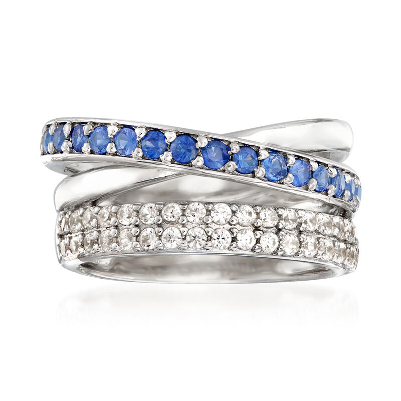 .70 ct. t.w. White Topaz and .60 ct. t.w. Sapphire Highway Ring in Sterling Silver image number 0