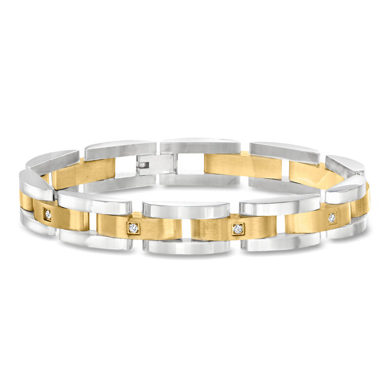 Men's .10 ct. t.w. CZ Link Bracelet in Stainless Steel and 18kt Yellow Gold Plate. 8.5" image number 0
