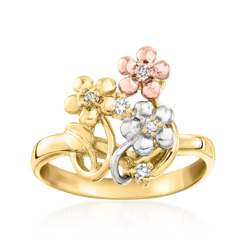 C. 1980 Vintage 14kt Tri-Colored Gold Flower Ring with Diamonds. Size 7 image number 0