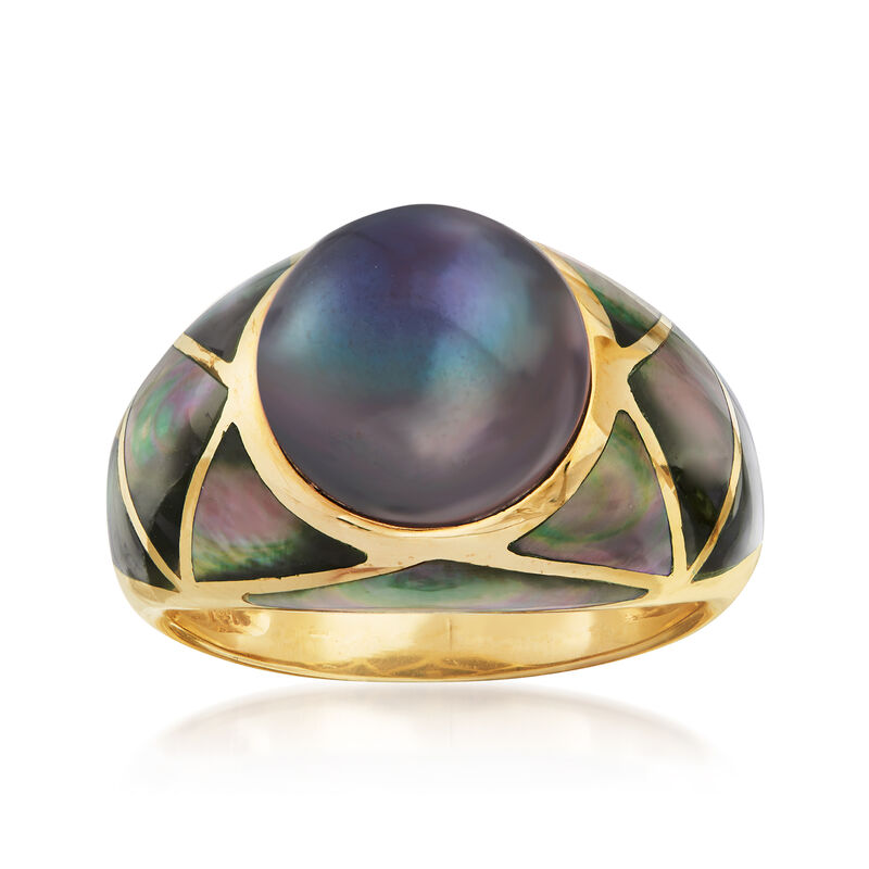 C. 1980 Vintage 11mm Gray Cultured Pearl and Black Mother-Of-Pearl Ring in 14kt Yellow Gold image number 0