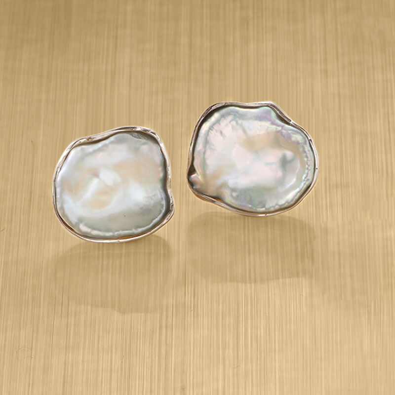 13-14mm Bezel-Set Cultured Keshi Pearl Earrings in Sterling Silver image number 3