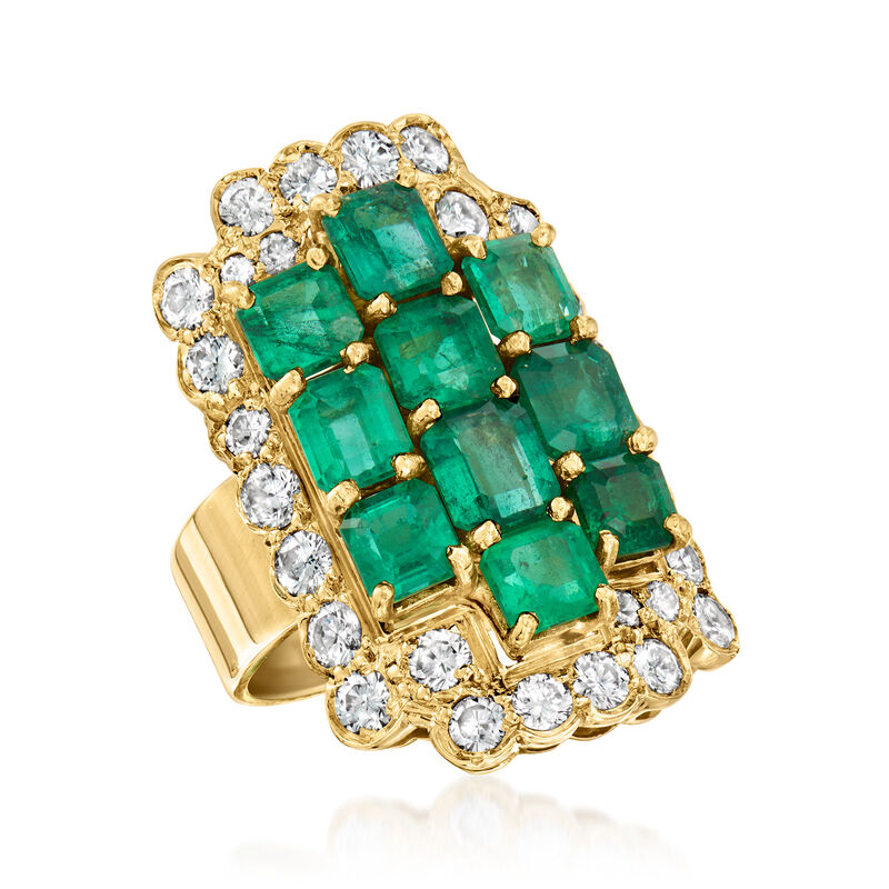C. 1980 Vintage 4.10 ct. t.w. Emerald and 1.75 ct. t.w. Diamond Cluster Ring in 18kt Yellow Gold. Size 6 image number 3
