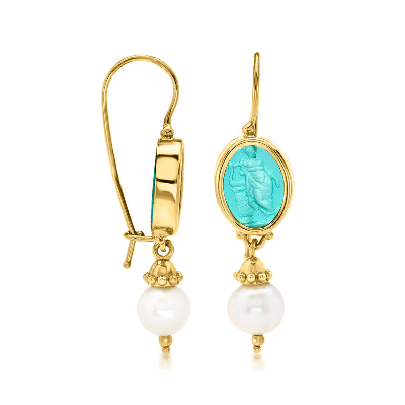 Italian Tagliamonte Blue Venetian Glass Goddess Drop Earrings with 8mm Cultured Pearls in 18kt Gold Over Sterling  image number 2