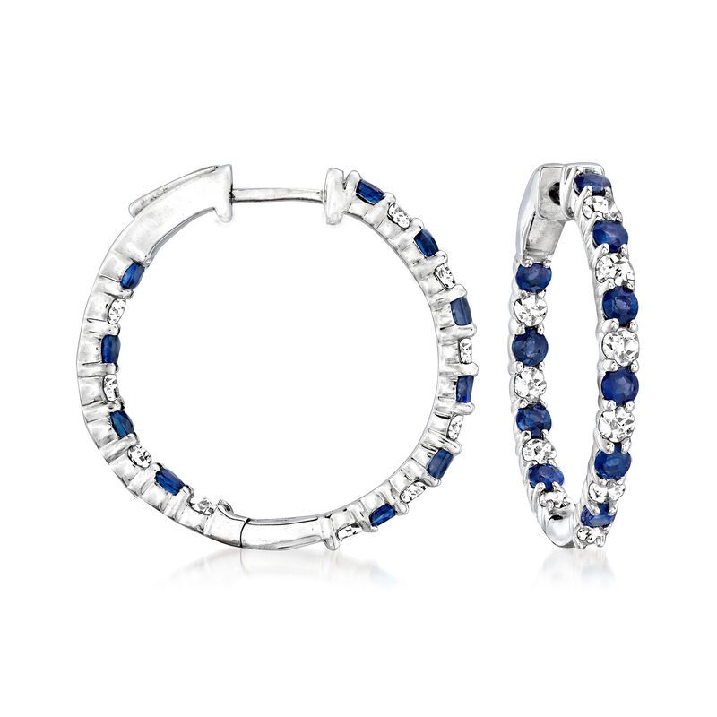 1.00 ct. t.w. Sapphire and 1.00 ct. t.w. Diamond Inside-Outside Hoop Earrings in Sterling Silver. 7/8&quot; image number 0