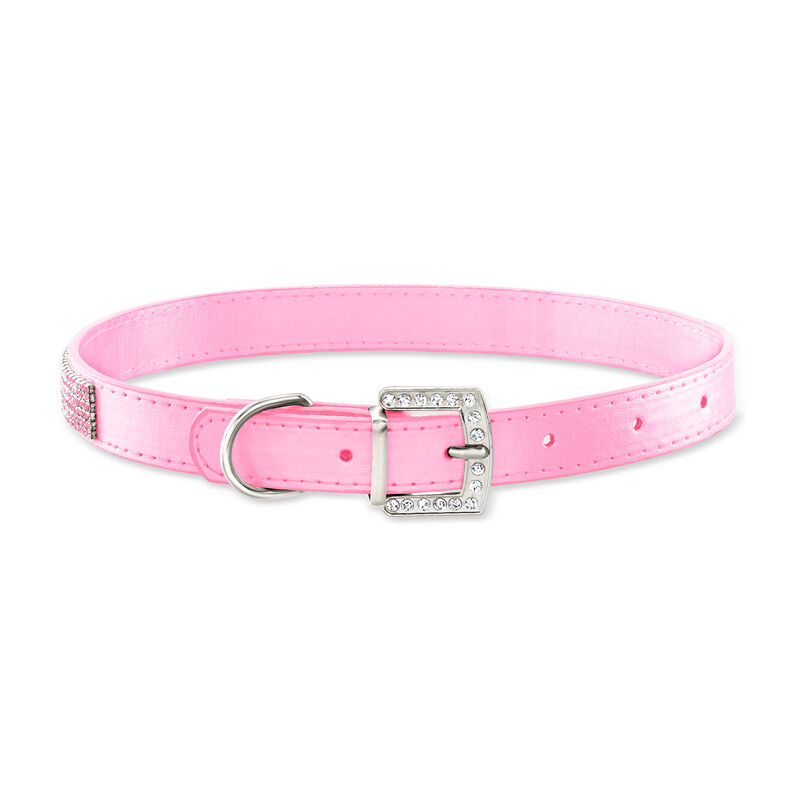 Multi-Row Rose Rhinestone Pink Leather Dog Collar image number 1