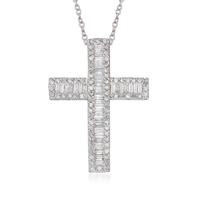 1.00 ct. t.w. Baguette and Round Diamond Cross Pendant Necklace in Sterling Silver image number 0