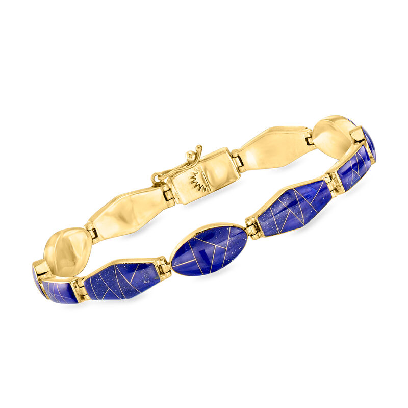 C. 1980 Vintage Lapis Mosaic Bracelet in 14kt Yellow Gold. 7" image number 0