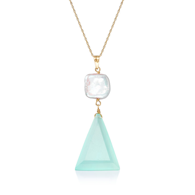 10x10mm Cultured Pearl and Blue Chalcedony Pendant Necklace in 14kt Yellow Gold image number 0