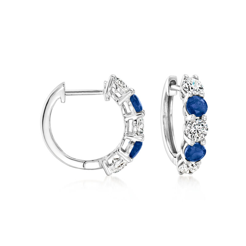 .80 ct. t.w. Sapphire and 1.00 ct. t.w. Lab-Grown Diamond Hoop Earrings in 14kt White Gold. 5/8&quot; image number 0
