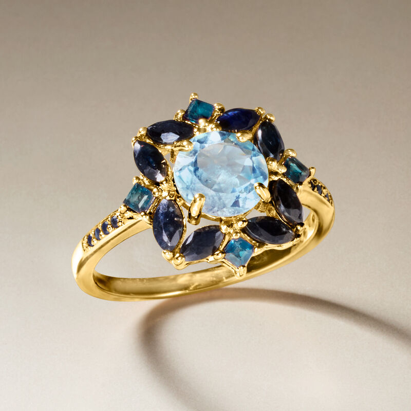 1.80 Carat Sky Blue Topaz, 2.40 ct. t.w. Sapphire and .80 ct. t.w. London Blue Topaz Ring in 18kt Gold Over Sterling image number 3