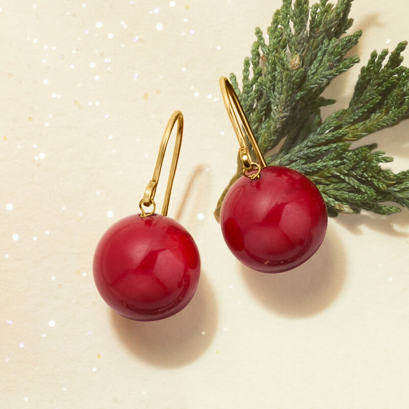 12mm Red Coral Bead Drop Earrings in 14kt Yellow Gold image number 4