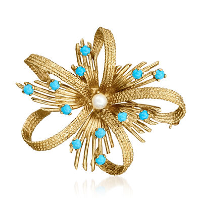 C. 1980 Vintage 14kt Yellow Gold Ribbon Pin with Simulated Turquoise and Single 4mm Cultured Pearl