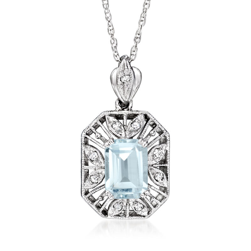 C. 1990 Vintage 1.00 Carat Aquamarine Pendant Necklace with Diamond Accents in 14kt White Gold image number 0