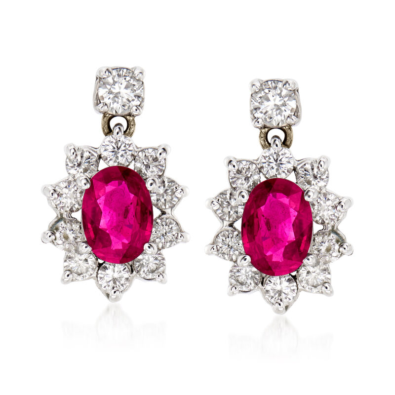 C. 1970 Vintage 1.90 ct. t.w. Ruby and 1.25 ct. t.w. Diamond Drop Earrings in 14kt White Gold image number 0