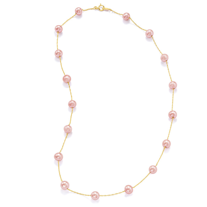 6-6.5mm Pink Cultured Pearl Station Necklace in 14kt Yellow Gold image number 2