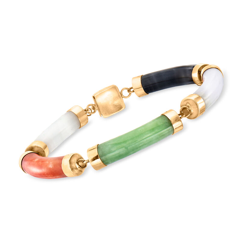 C. 1960 Vintage Multicolored Jade Bracelet in 14kt Yellow Gold. 7.5&quot; image number 0