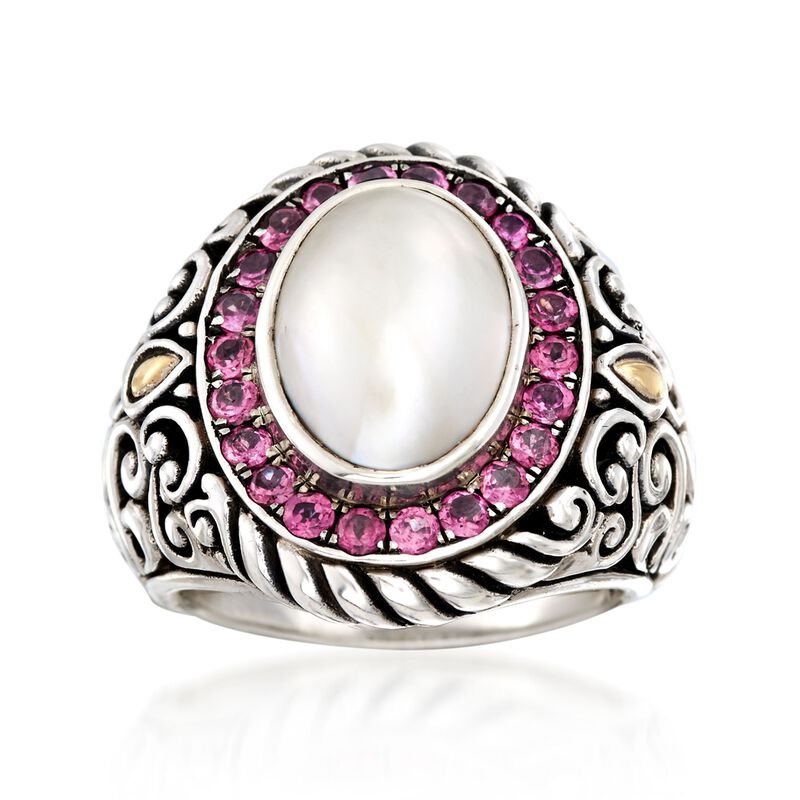 10-14mm Cultured Mabe Pearl Balinese Ring with 1.10 ct. t.w. Rhodolite Garnets in Sterling Silver and 18kt Gold. Size 9 image number 0