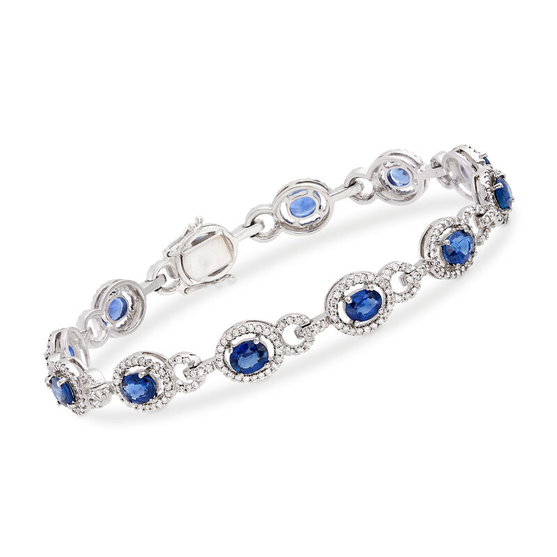 C. 1990 Vintage 5.40 ct. t.w. Sapphire and 1.15 ct. t.w. Diamond Oval Link Bracelet in 14kt White Gold. 7&quot; image number 0