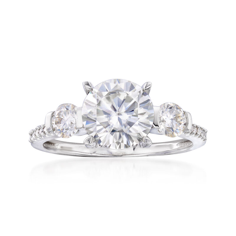 2.30 ct. t.w. Synthetic Moissanite Three-Stone Engagement Ring with .15 ct. t.w. Diamonds in 14kt White Gold image number 0