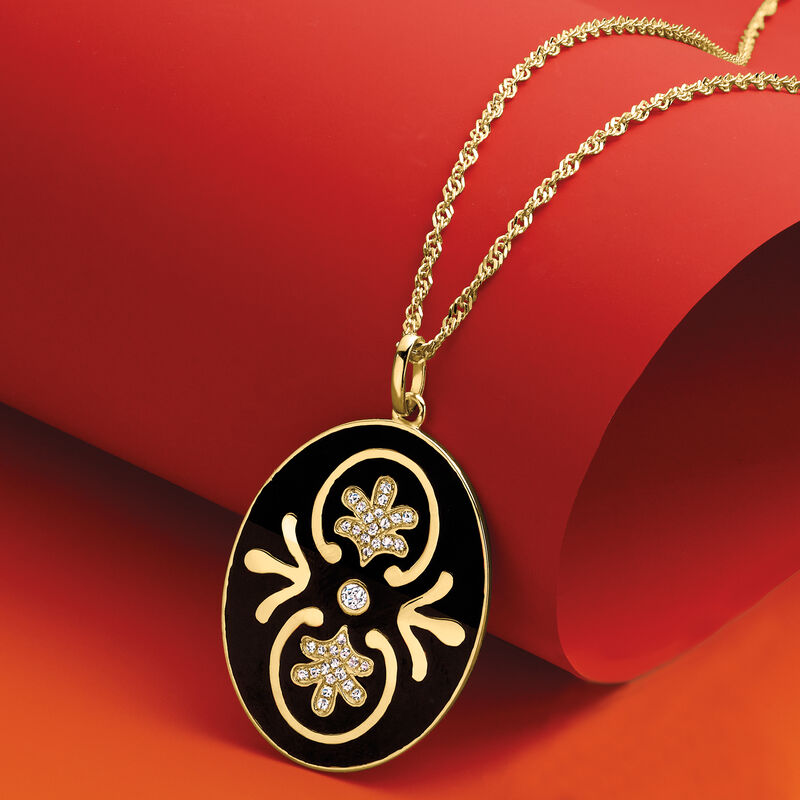 1.00 ct. t.w. White Topaz and Black Enamel Pendant Necklace in 18kt Gold Over Sterling image number 2