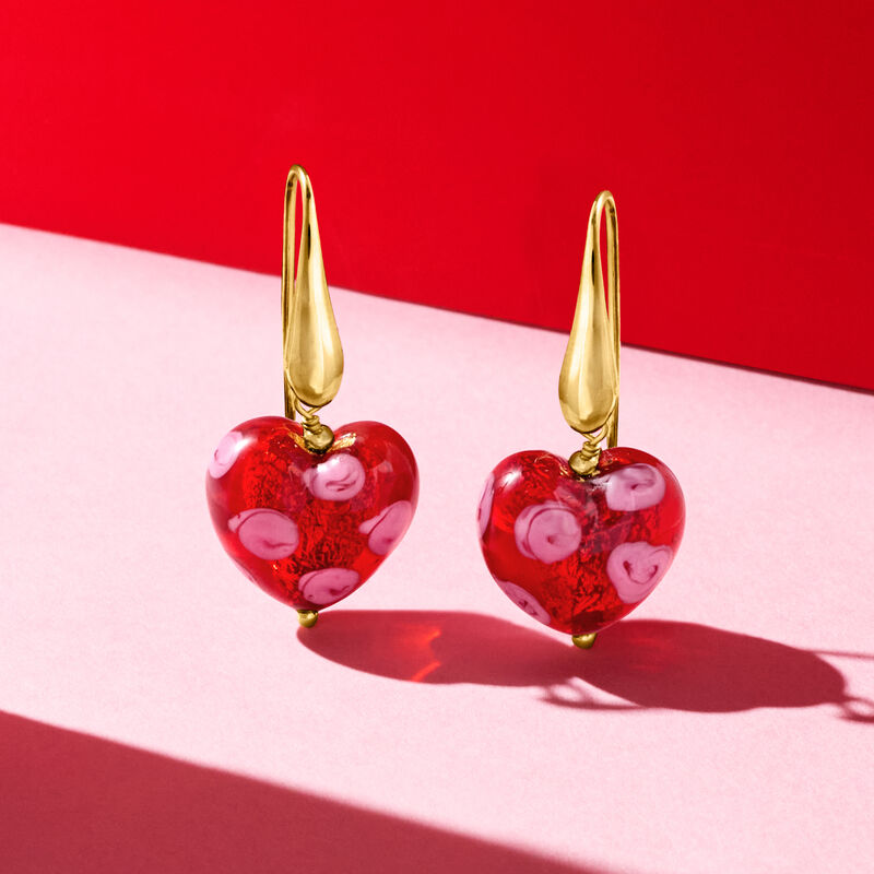 Italian Murano Glass Red Heart Drop Earrings in 18kt Gold Over Sterling  image number 3