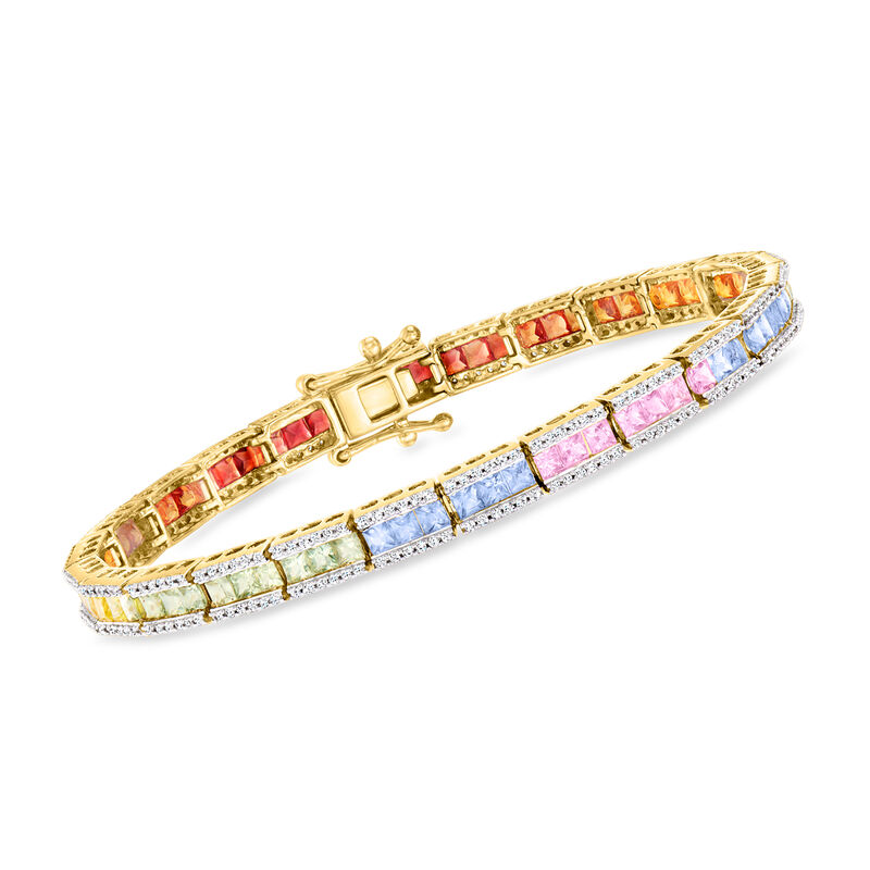7.00 ct. t.w. Multicolored Sapphire and 1.15 ct. t.w. Diamond Bracelet in 14kt Yellow Gold. 7&quot; image number 0