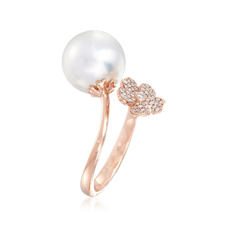 Mikimoto &quot;Cherry Blossom&quot; 11mm A+ South Sea Pearl and .14 ct. t.w. Diamond Floral Bypass Ring in 18kt Rose Gold image number 2