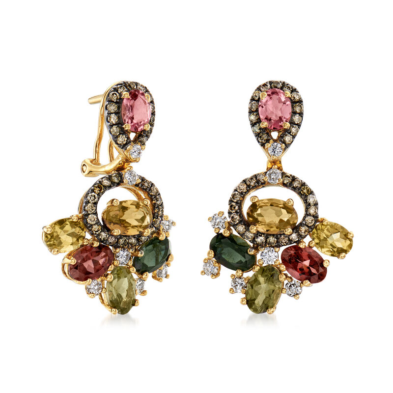 5.00 ct. t.w. Multicolored Tourmaline and .96 ct. t.w. Brown and White Diamond Drop Earrings in 18kt Yellow Gold image number 2