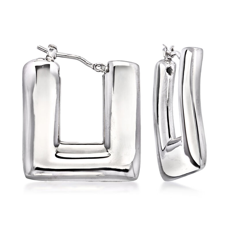 Italian Sterling Silver Puffy Square Hoop Earrings. 1" image number 0