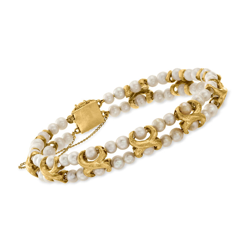 C. 1980 Vintage Lucien Piccard 4-4.5mm Cultured Pearl Two-Row Bracelet in 14kt Yellow Gold. 7.5" image number 0