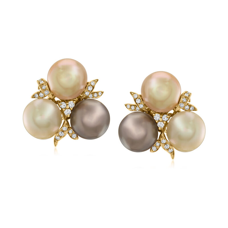 C. 1980 Vintage 11mm Multicolored Cultured Pearl and .55 ct. t.w. Diamond Cluster Earrings in 18kt Yellow Gold image number 0