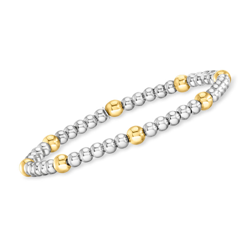 Italian Sterling Silver and 18kt Gold Vermeil Jewelry Set: Three 3-5mm Bead Stretch Bracelets. 7&quot; image number 4