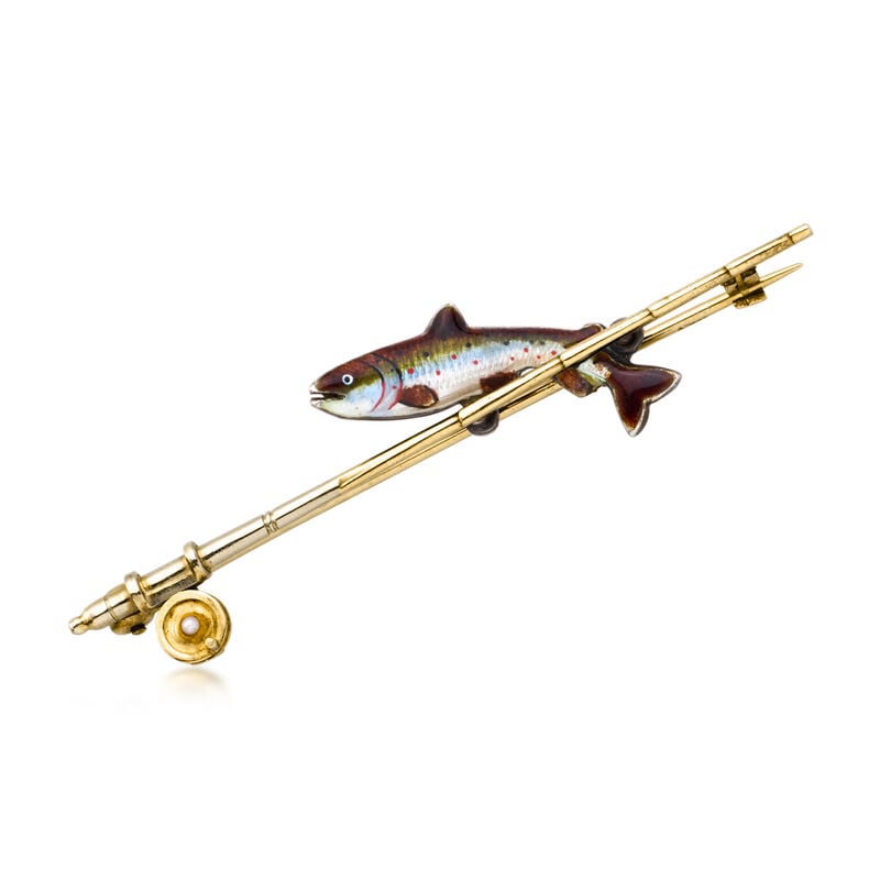 C. 1950 Vintage 9kt Yellow Gold and Sterling Silver Fish and Pole Pin with Multicolored Enamel image number 0