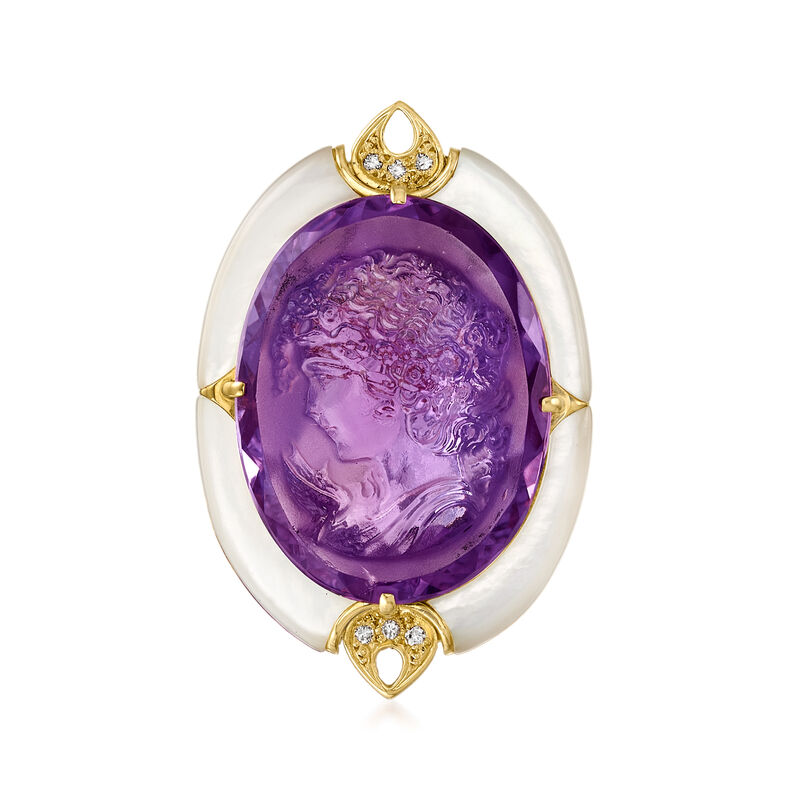 C. 1980 Vintage Mother-Of-Pearl and 15.00 Carat Amethyst Intaglio Pin/Pendant in 18kt Yellow Gold with Diamond Accents image number 2