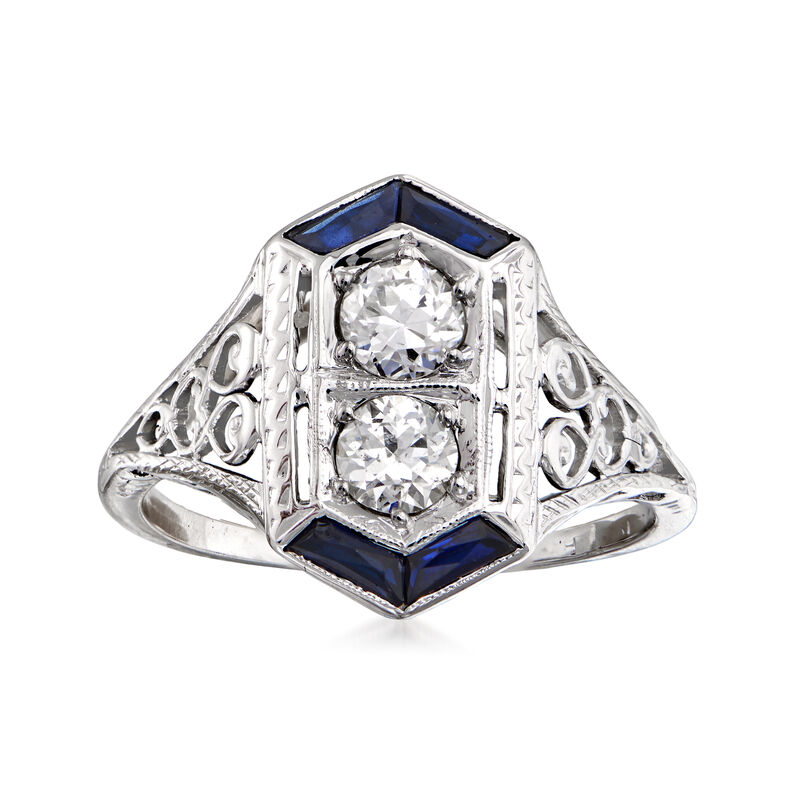 C. 1950 Vintage .50 ct. t.w. Diamond and .12 ct. t.w. Simulated Sapphire Ring in 18kt White Gold. Size 6 image number 0