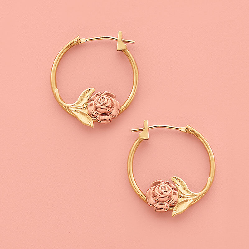 14kt Two-Tone Gold Floral Hoop Earrings. 5/8&quot; image number 2