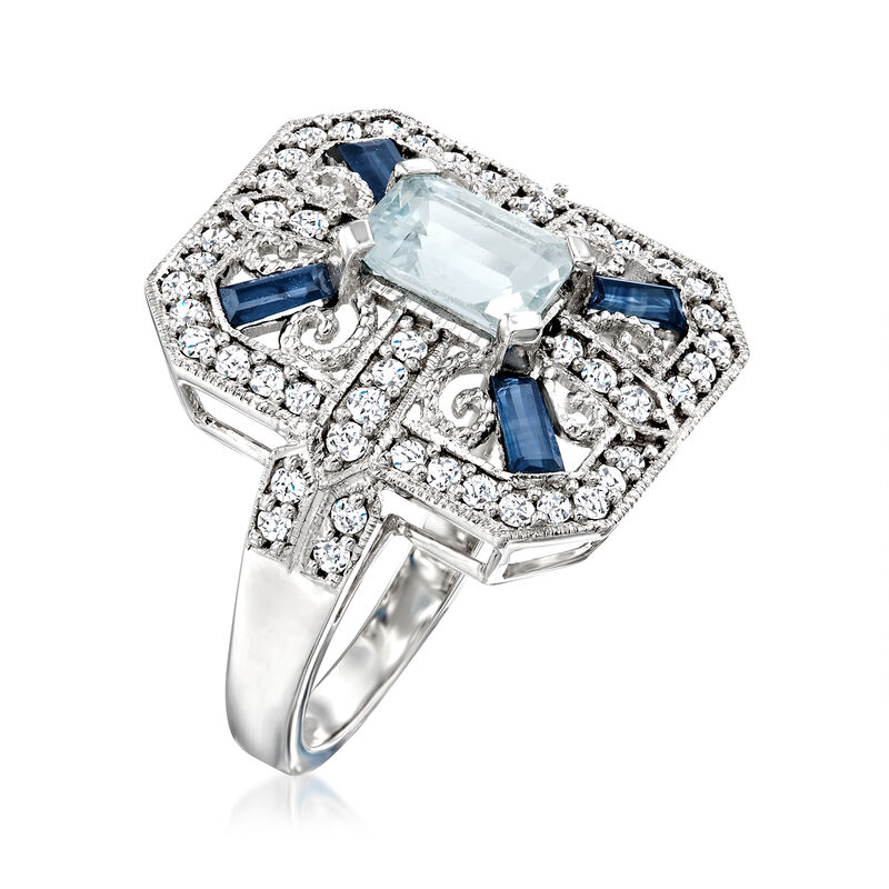 .70 Carat Aquamarine and .53 ct. t.w. Diamond Ring with .40 ct. t.w. Sapphires in 14kt White Gold image number 2