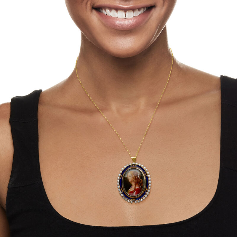 C. 1950 Vintage 3mm Cultured Pearl Painted Portrait Pin/Pendant with Enamel and Diamonds in 18kt Yellow Gold image number 1