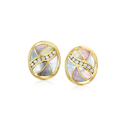 C. 1980 Vintage Asch Grossbardt Multicolored Mother-of-Pearl Inlay Earrings with .45 ct. t.w. Diamonds in 14kt Yellow Gold
