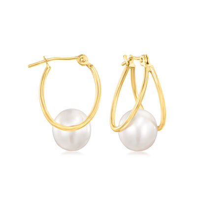 8-9mm Cultured Pearl Double-Hoop Earrings in 14kt Yellow Gold