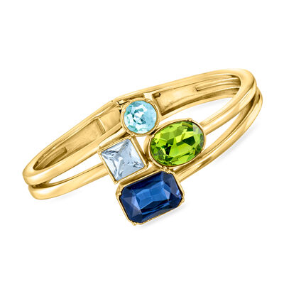 14kt Yellow Gold-Plated Bangle Bracelet with Simulated Tonal Blue and Green Gemstones