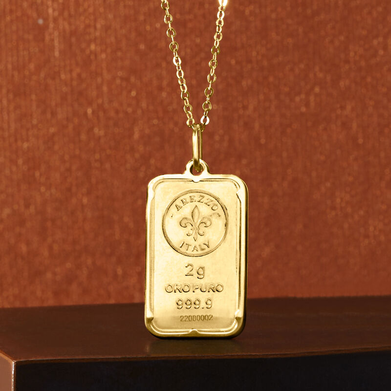 Italian 24kt Yellow Gold Fleur-De-Lis Two-Gram Ingot Pendant Necklace with 14kt Yellow Gold Frame image number 5