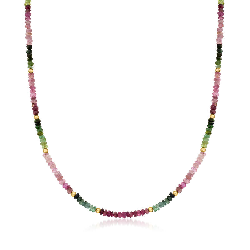 C. 1995 Vintage 38.00 ct. t.w. Multicolored Tourmaline Bead Necklace in 18kt Yellow Gold image number 0
