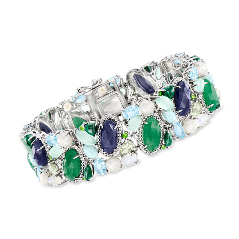 5-5.5mm Cultured Pearl and 36.70 ct. t.w. Multi-Gemstone Bracelet in Sterling Silver image number 0