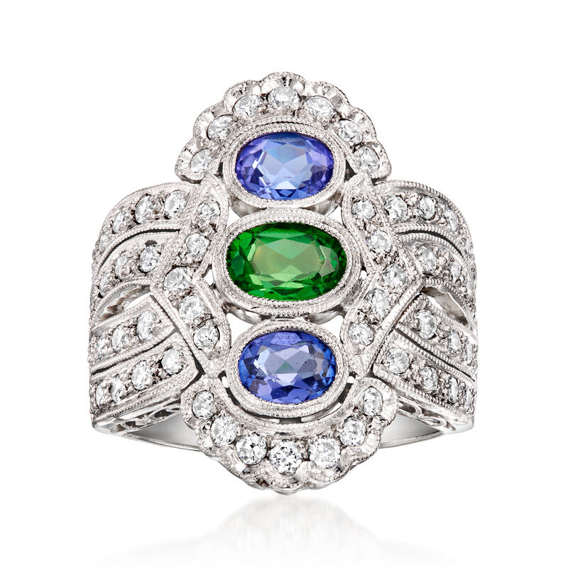 C. 1990 Vintage .92 ct. t.w. Diamond, .90 ct. t.w. Sapphire and .64 ct. t.w. Tsavorite Cocktail Ring in Platinum. Size 6 image number 0