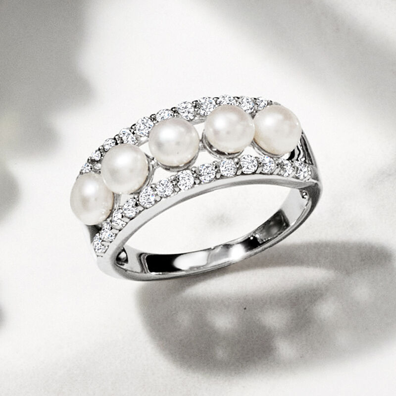 4.5mm Cultured Pearl and .70 ct. t.w. White Topaz Ring in Sterling Silver image number 4