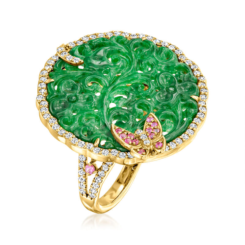 Carved Jade Butterfly Ring with .70 ct. t.w. Diamonds and .10 ct. t.w. Pink Sapphires in 18kt Yellow Gold image number 2