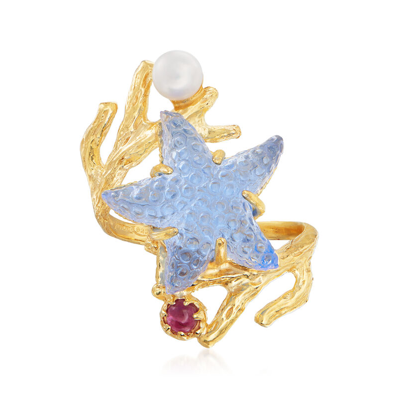 Tagliamonte Blue Venetian Glass Starfish Ring with .10 Carat Ruby and Cultured Pearl in 18kt Gold Over Sterling image number 0