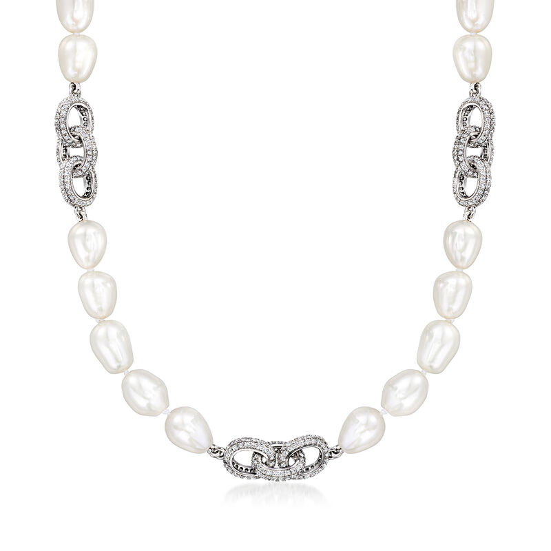 7.5-8.5mm Cultured Semi-Baroque Pearl and 2.00 ct. t.w. White Topaz Oval-Link Necklace in Sterling Silver image number 0